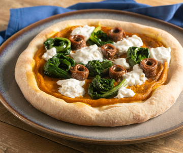 Winter Pizza with Pumpkin Cream, Anchovies, and Burrata