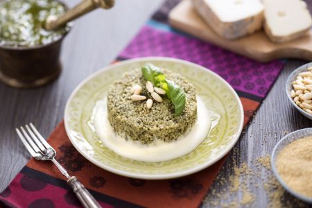 Couscous Flan with Pesto and Taleggio Sauce