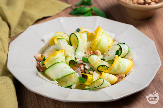 Yellow and Green Zucchini Carpaccio with Chickpea Cream and Parmigiano Reggiano