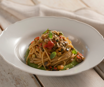 Spaghetti with summer caponata