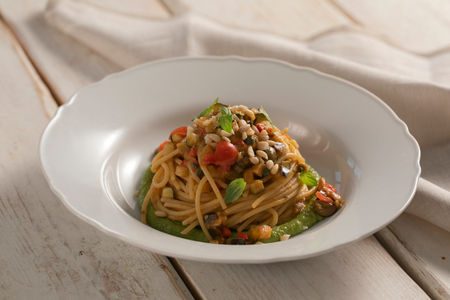 Spaghetti with summer caponata